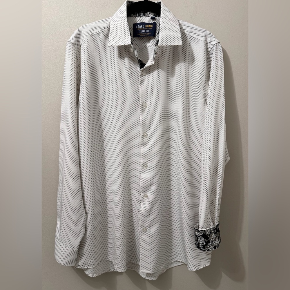 Azaro Uomo Men's Slim Fit Dot Print Performance Dress Shirt 4 Way Stretch Size M